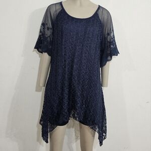 Indigo Soul Midnight Blue Blouse Tunic Sleeve Emboroided Size M